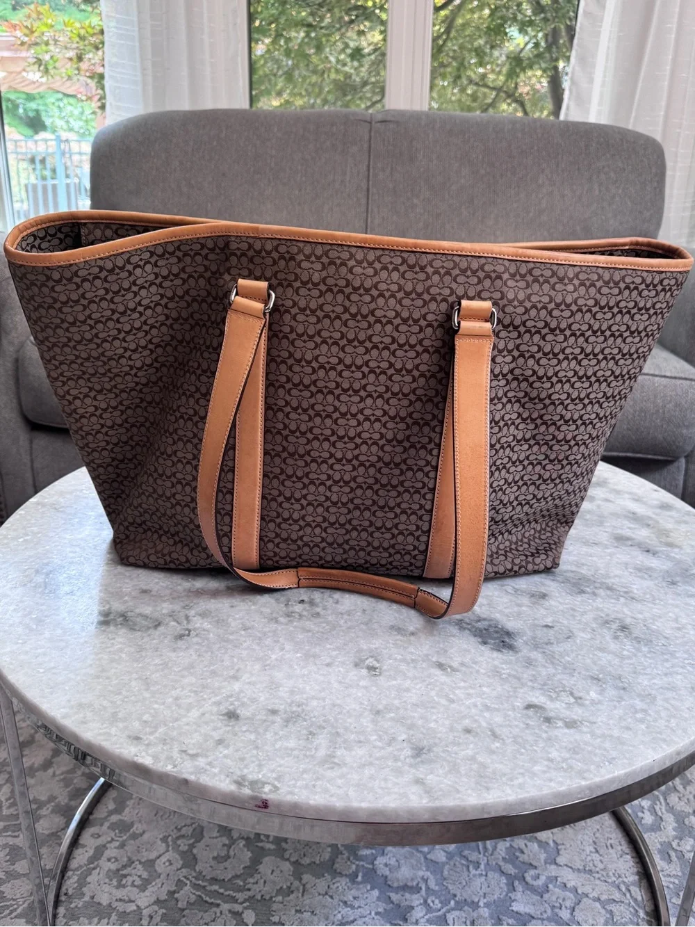 Coach Brown Signature weekend Tote with Tan Trim and Leather Straps